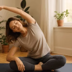 A young woman doing a gentle side stretch on a yoga mat in a bright, cozy indoor room with houseplants and natural light.
