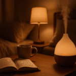 A cozy bedroom at night with warm ambient lighting, featuring a wooden nightstand holding an open book, a steaming cup of herbal tea, and a glowing diffuser emitting mist, creating a calm and sleep-ready atmosphere.