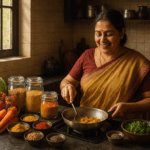 A middle-aged Indian woman in a mustard saree smiles while cooking in a traditional kitchen, surrounded by fresh vegetables, pulses, and spices on the counter with sunlight streaming through the window.