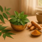A neatly arranged wooden surface displaying fresh neem leaves, a brass bowl filled with Tulsi leaves, turmeric roots, and a wooden spoon with turmeric powder. A small herbal tea cup sits in the background near a softly lit window.