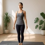 Young woman practicing Tadasana (Mountain Pose) on a yoga mat in a sunlit, minimalist indoor room with wooden floors and green plants.