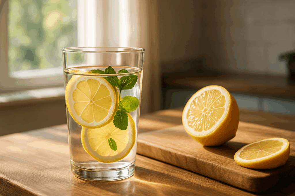 A glass of lemon water with fresh lemon slices and mint leaves on a wooden kitchen counter in natural sunlight, with a sliced lemon on a cutting board beside it.