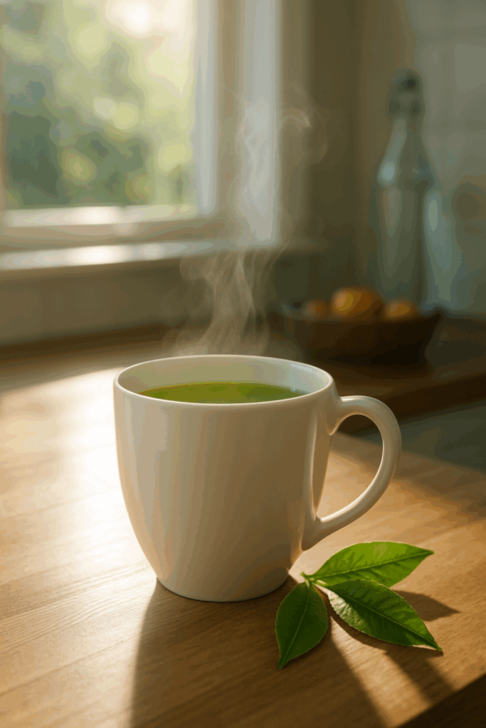 A steaming cup of green tea in a white ceramic mug on a wooden kitchen counter with fresh tea leaves, bathed in soft morning sunlight.