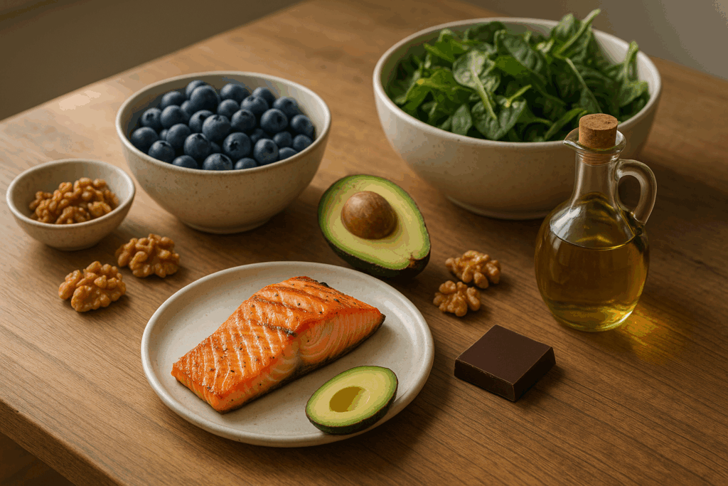 A high-resolution image of a wooden kitchen table with grilled salmon, avocado, walnuts, blueberries, leafy green salad, dark chocolate, and a bottle of olive oil arranged in natural morning light.