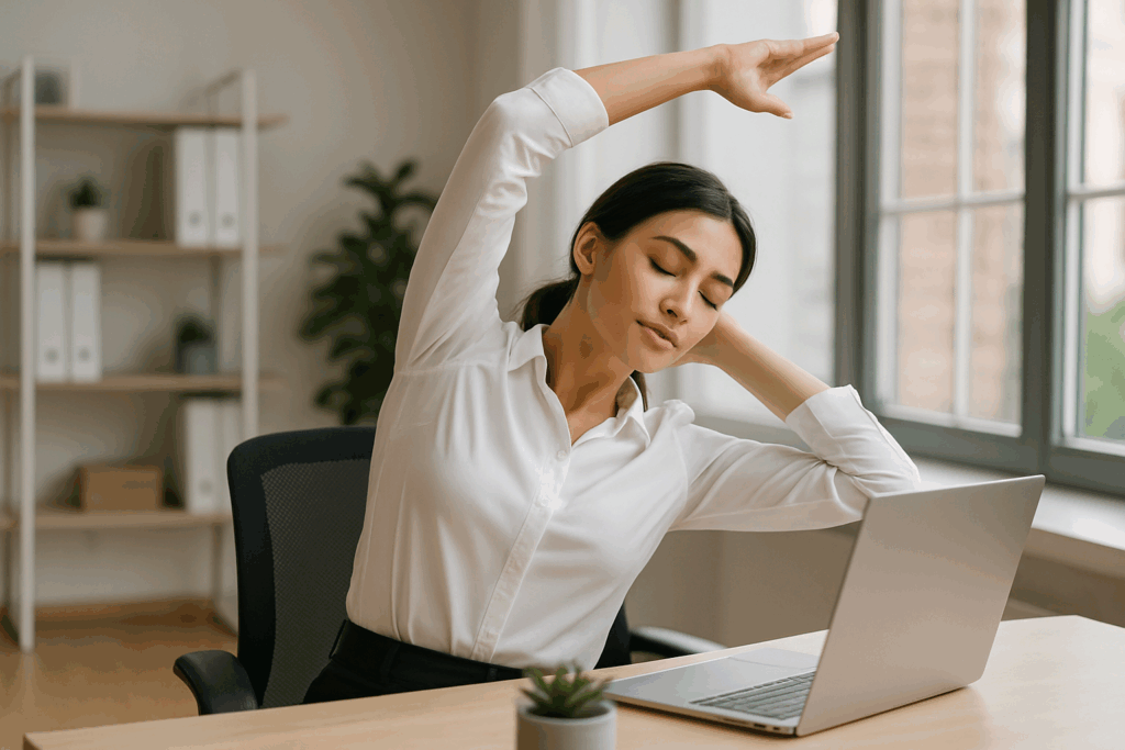 A young professional woman in office attire doing a seated side stretch at her desk in a bright modern workspace, with one arm raised overhead. A laptop and a small potted plant are on the desk, and natural daylight streams through a nearby window.