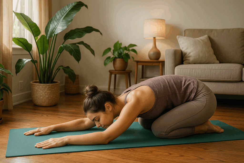 A young woman practicing beginner yoga in child's pose on a teal mat in a cozy, sunlit living room with wooden flooring, indoor plants, and warm ambient lighting.