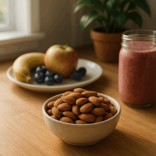 A small ceramic bowl filled with raw almonds sits on a wooden kitchen counter. In the background, there is a healthy breakfast setup with a banana, apple, blueberries, a pink smoothie in a glass jar, and a green potted plant. Natural morning light streams through a nearby window, creating a fresh and nourishing ambiance.