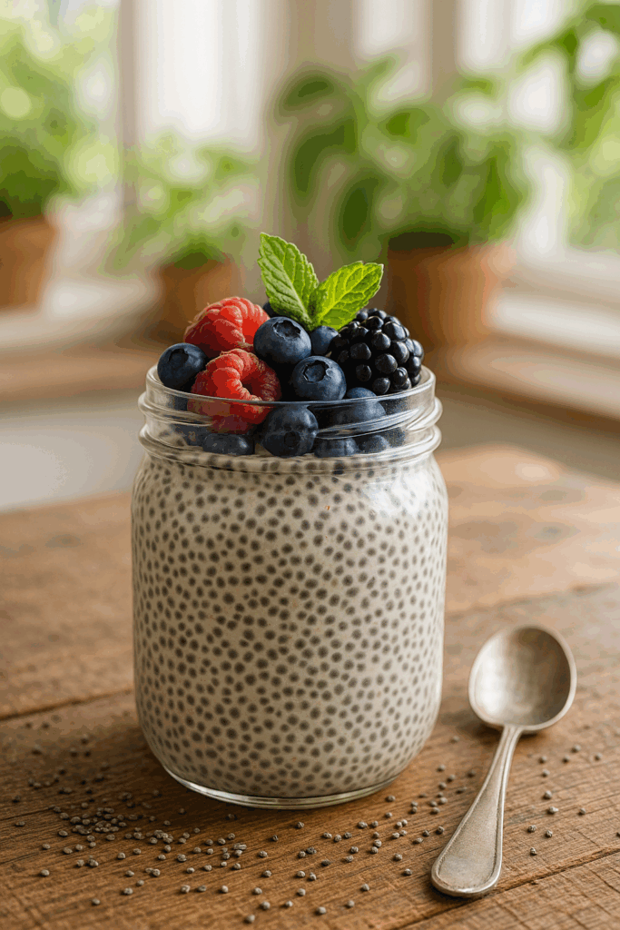 Glass jar of chia pudding topped with fresh berries on a wooden table in a sunlit kitchen.