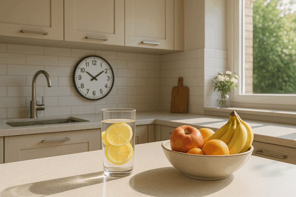Modern kitchen scene with lemon water, fresh fruit, and a clock showing 12 PM, symbolizing the start of an intermittent fasting eating window.