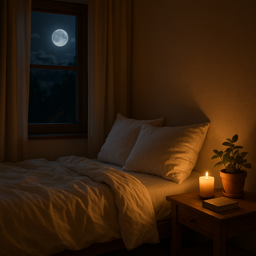 A warmly lit cozy bedroom at night featuring a bed with fluffy white sheets and pillows, a wooden nightstand with a candle, book, and potted plant, and a window showing a peaceful moonlit sky.