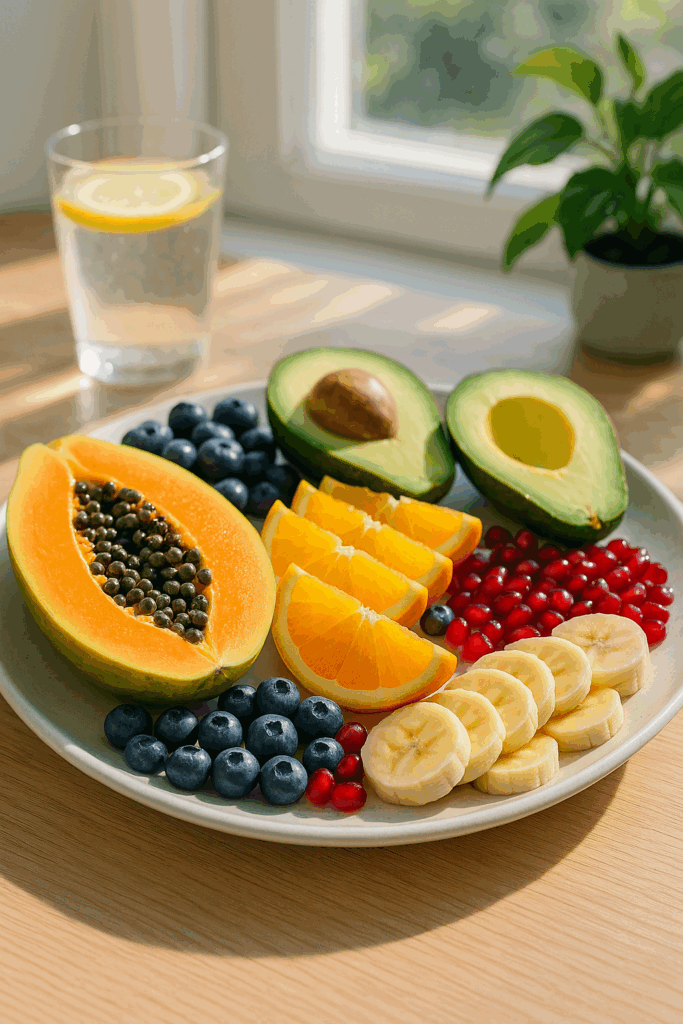 A vibrant fruit platter on a wooden table near a sunny window, featuring sliced papaya, orange wedges, blueberries, avocado halves, banana slices, and pomegranate seeds, with a glass of lemon water and a green plant softly blurred in the background.