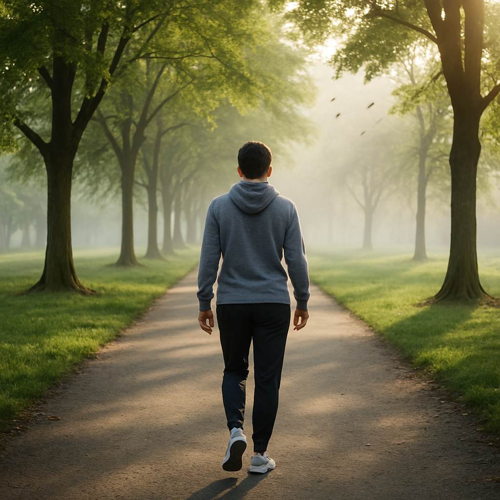 A person walking on a tree-lined park pathway in the soft morning light, wearing casual activewear and sneakers, with sunlight filtering through green leaves, light fog in the background, and birds flying peacefully overhead.