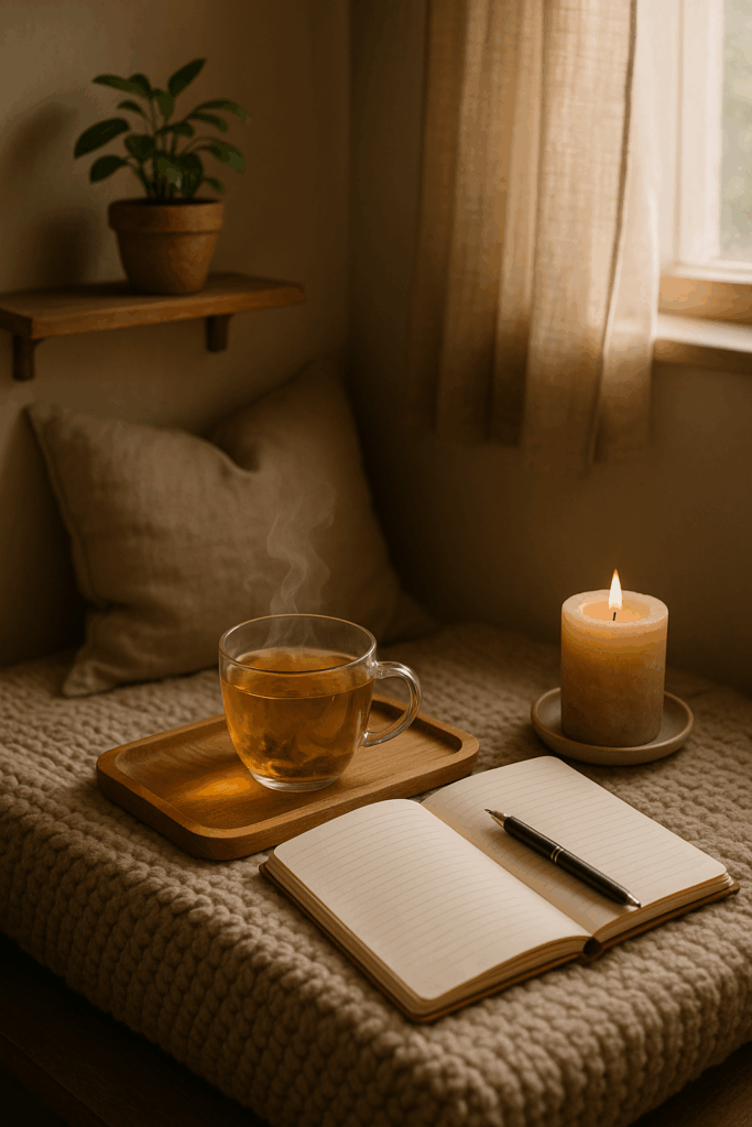 A cozy corner of a room bathed in soft morning light, featuring a glass cup of steaming herbal tea on a wooden tray, an open journal with a pen, a lit candle on a ceramic dish, and a small green potted plant on a wall-mounted wooden shelf. The warm tones and soft textures create a peaceful, inviting atmosphere.