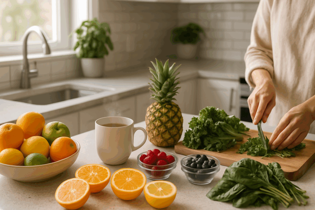 A bright, modern kitchen countertop with fresh fruits like oranges, apples, and berries, a steaming mug of herbal tea, and a person’s hands chopping leafy greens on a wooden board, all illuminated by soft natural light from a nearby window.
