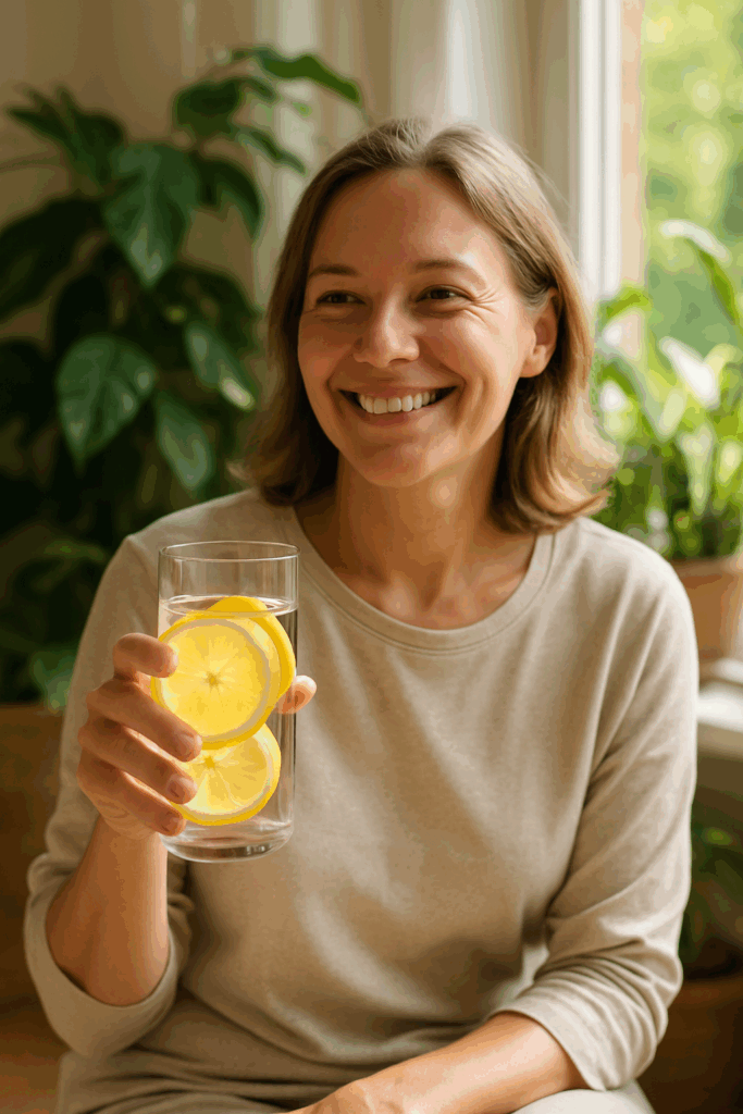 A smiling woman in light casual wear holding a clear glass of water with lemon slices, sitting near a sunny window surrounded by green indoor plants. The morning sunlight creates a fresh and calm atmosphere.