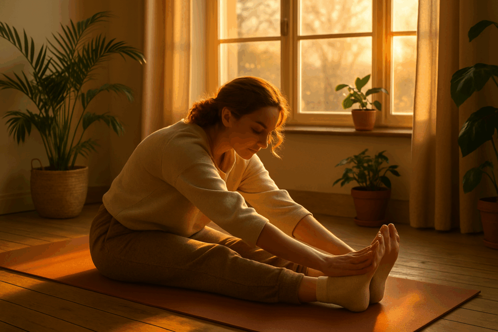 A young woman in cozy workout clothes performs a seated forward fold on an orange yoga mat in a warmly lit room with wooden floors and indoor plants, bathed in soft sunrise light.