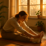 A young woman in cozy workout clothes performs a seated forward fold on an orange yoga mat in a warmly lit room with wooden floors and indoor plants, bathed in soft sunrise light.
