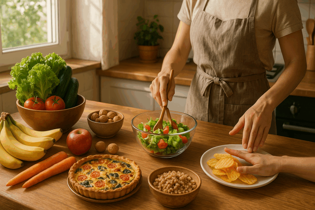 A woman preparing a fresh salad in a cozy, naturally lit kitchen with whole fruits, vegetables, nuts, and homemade dishes on a wooden countertop, while gently pushing aside a plate of processed snacks like potato chips.