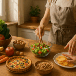 A woman preparing a fresh salad in a cozy, naturally lit kitchen with whole fruits, vegetables, nuts, and homemade dishes on a wooden countertop, while gently pushing aside a plate of processed snacks like potato chips.