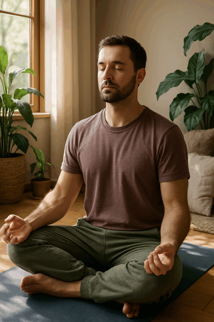 A calm man sitting cross-legged on a yoga mat in a cozy indoor space, eyes closed, meditating in natural morning light. Surrounded by green plants and soft cushions, the mood is peaceful and focused.