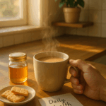 A cozy kitchen morning scene with a hand holding a steaming cup of milk tea next to a jar of honey, a plate of light biscuits, and a handwritten note reading “Daily Health Check” on a wooden counter. Sunlight streams through a nearby window, and a green indoor plant rests on a wall shelf in the background.
