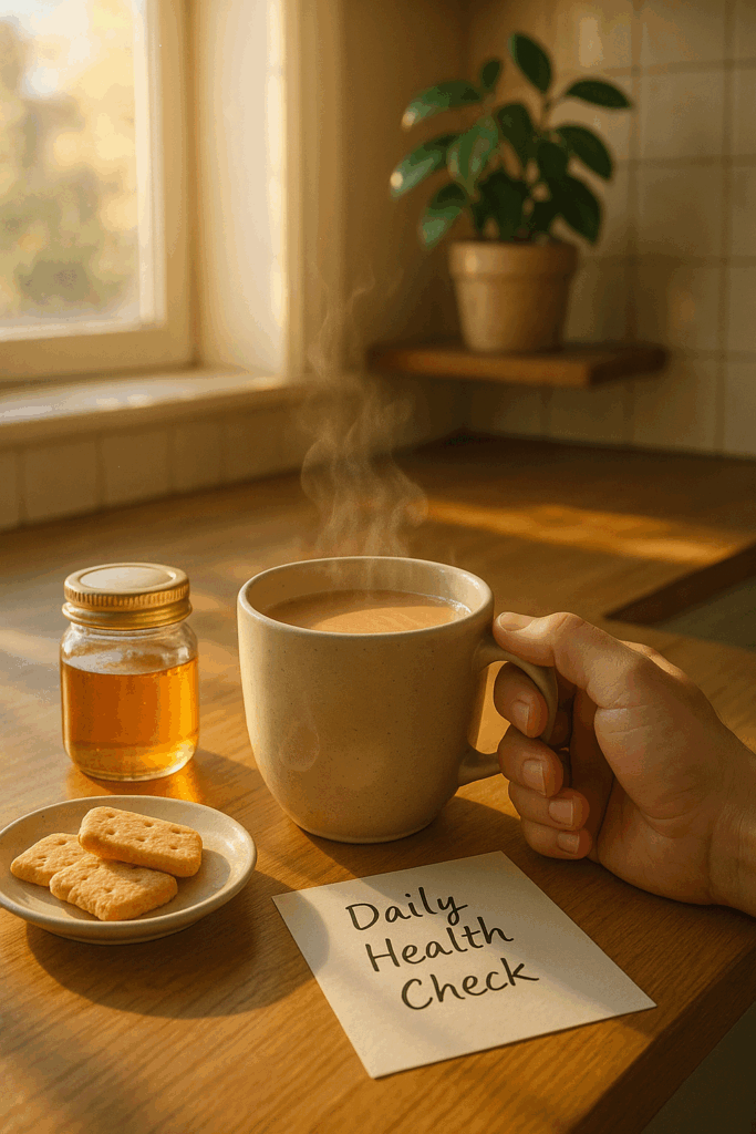 A cozy kitchen morning scene with a hand holding a steaming cup of milk tea next to a jar of honey, a plate of light biscuits, and a handwritten note reading “Daily Health Check” on a wooden counter. Sunlight streams through a nearby window, and a green indoor plant rests on a wall shelf in the background.